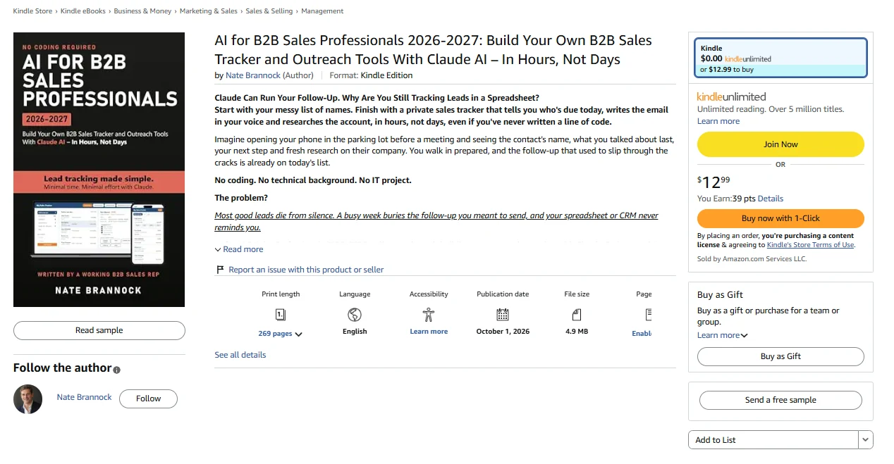 AI for B2B Sales Professionals 2026-2027 by Nate Brannock on Amazon, the book on building your own B2B sales tracker with Claude AI
