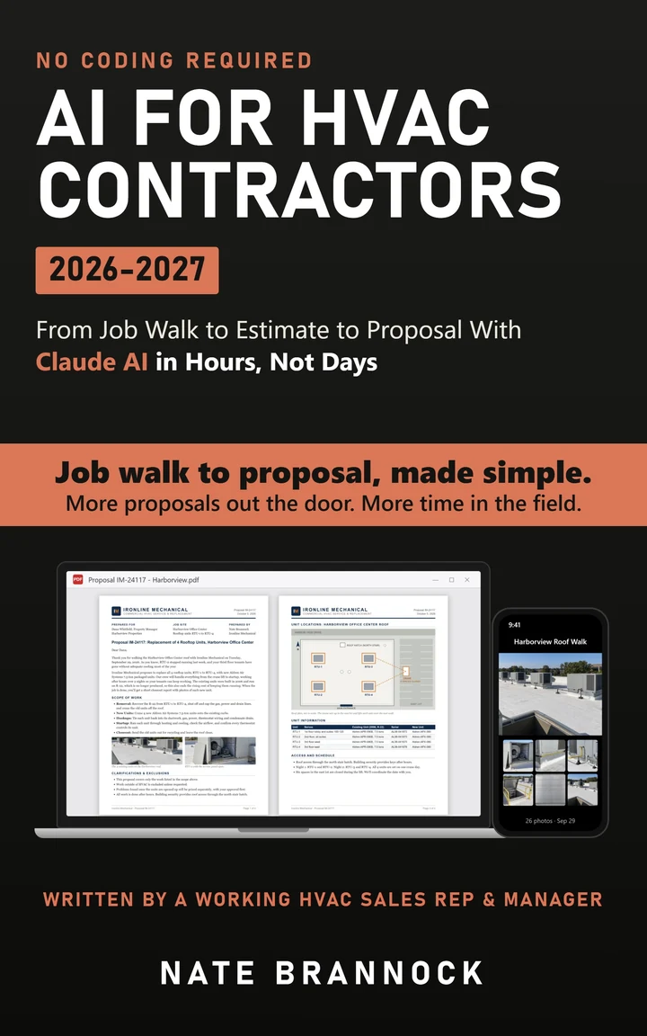 Cover of AI for HVAC Contractors 2026-2027 by Nate Brannock, a book on writing commercial HVAC proposals with Claude AI