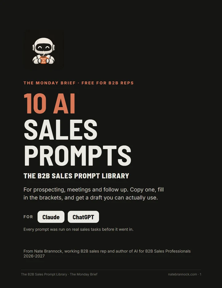 Cover of The B2B Sales Prompt Library: 10 AI sales prompts for Claude and ChatGPT from The Monday Brief