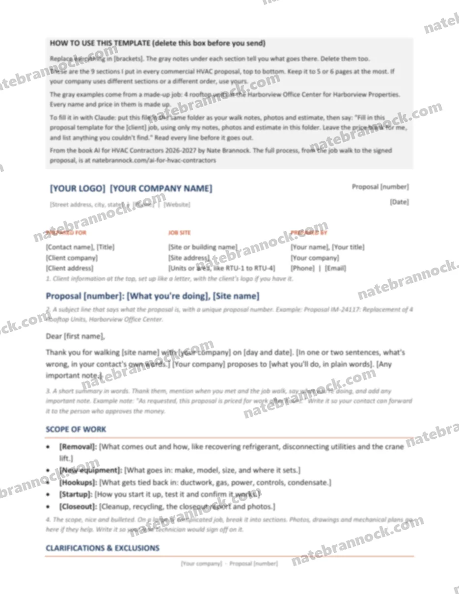 Page 1 of the free commercial HVAC proposal template in Word, with the client block, subject line, summary and scope of work