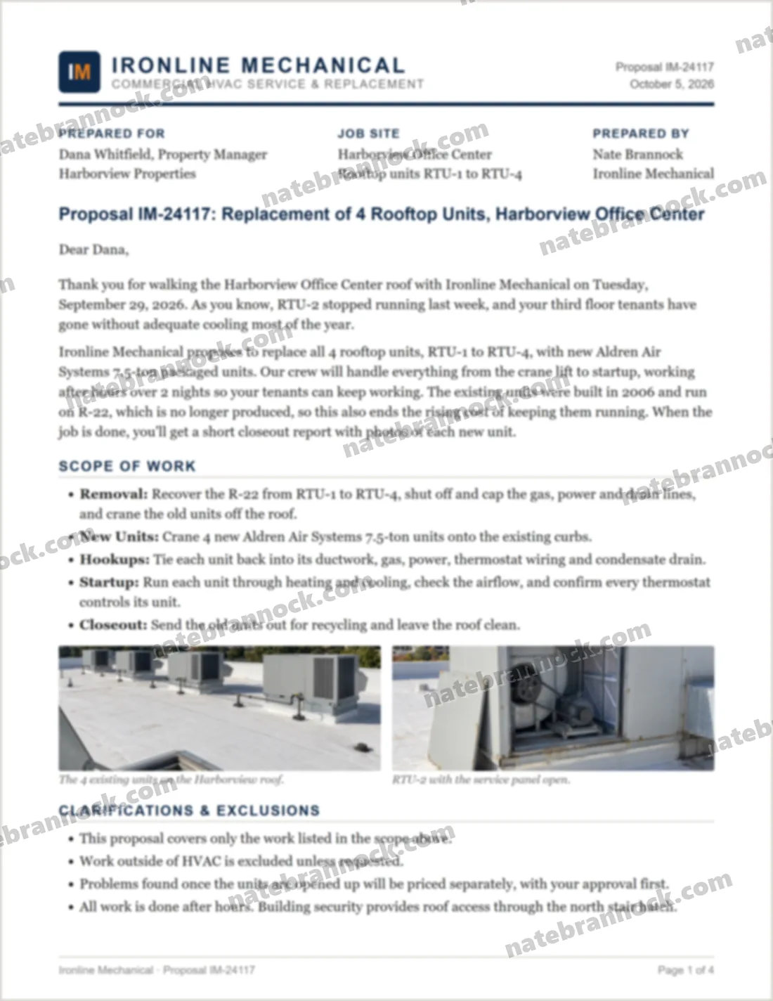 Page 1 of a commercial HVAC proposal example for 4 rooftop unit replacements, written with Claude AI