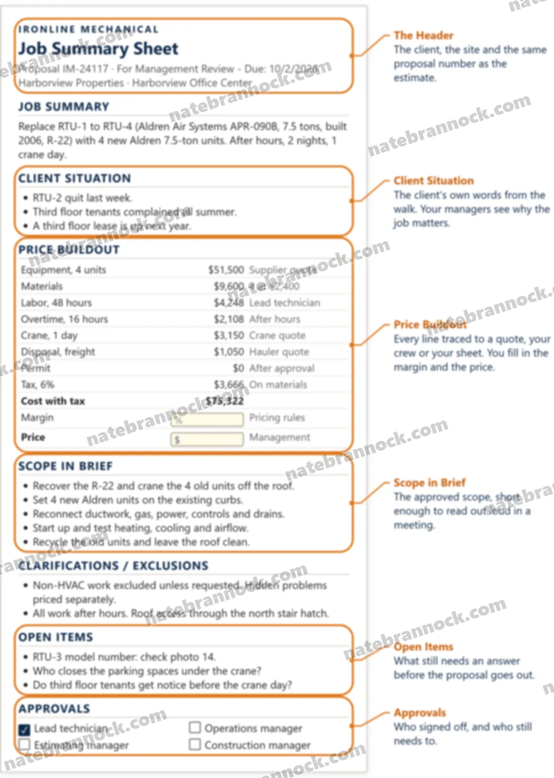 A one page HVAC job summary sheet for the management review before a proposal goes out