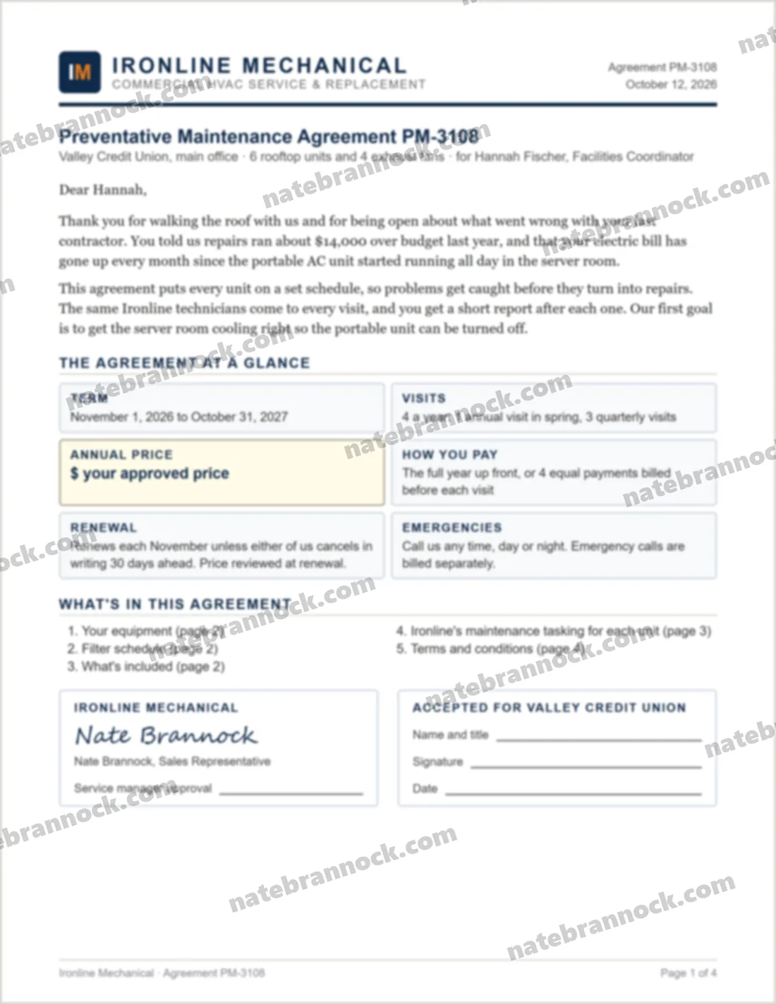 Page 1 of an HVAC preventative maintenance agreement example for 6 rooftop units and 4 exhaust fans