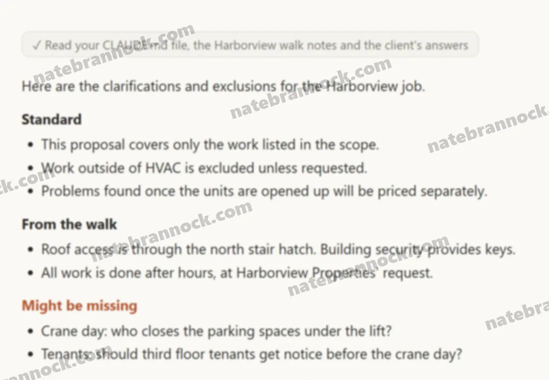 A list of HVAC proposal clarifications and exclusions drafted by Claude AI from job walk notes