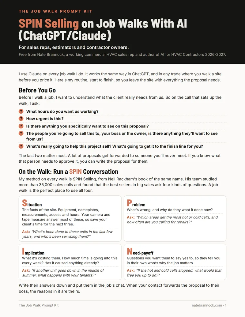 Page 1 of the free Job Walk Prompt Kit: questions to ask before a job walk and SPIN Selling questions for contractor sales reps