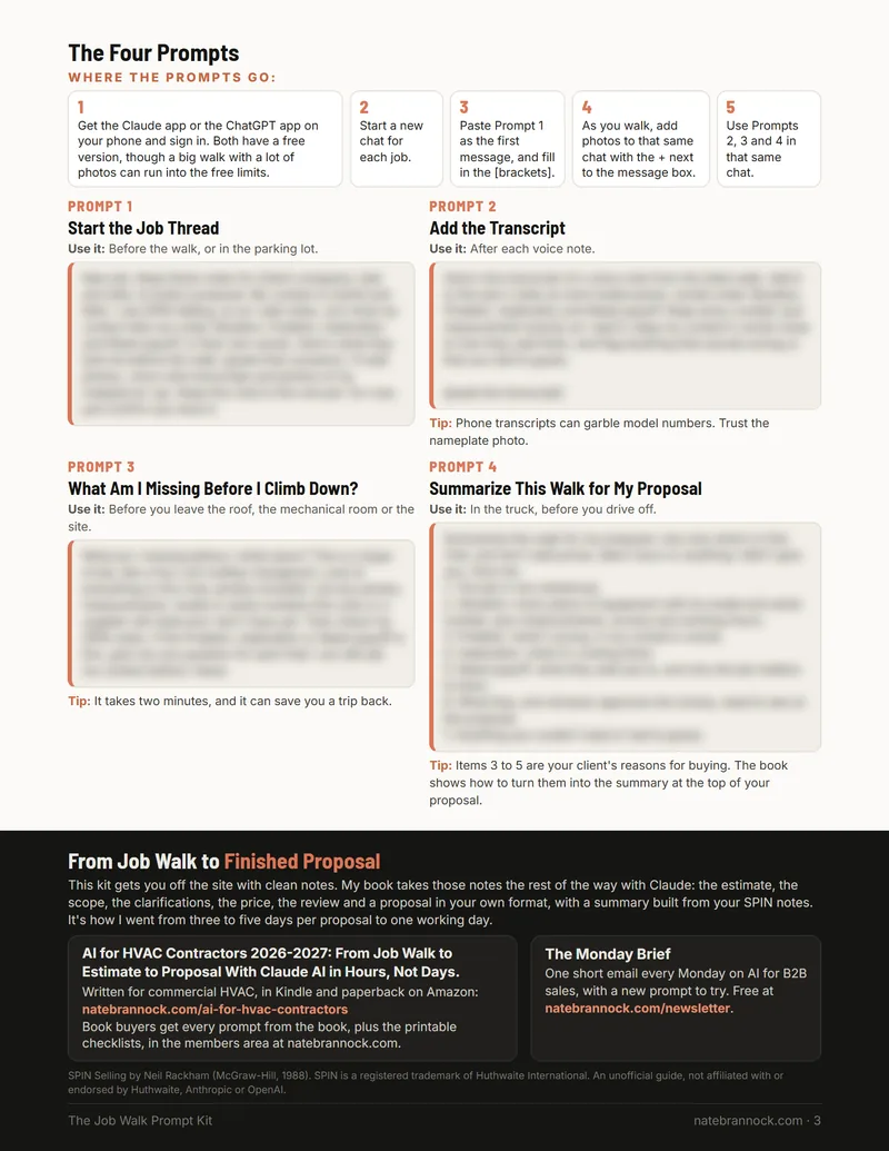 Page 3 of the free Job Walk Prompt Kit: four ChatGPT and Claude prompts for a job walk, blurred until you download