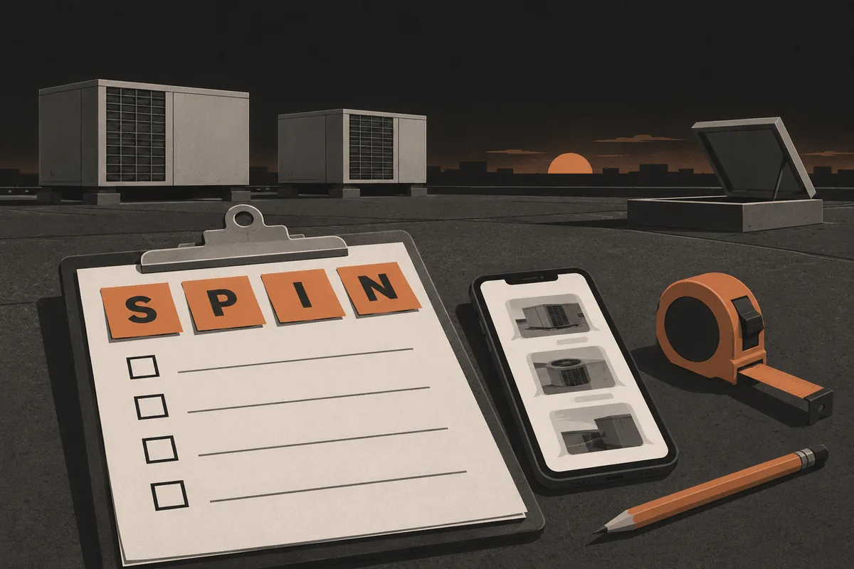 SPIN sticky notes on a job walk checklist beside a phone of rooftop unit photos and a tape measure, for SPIN Selling on job walks with ChatGPT or Claude