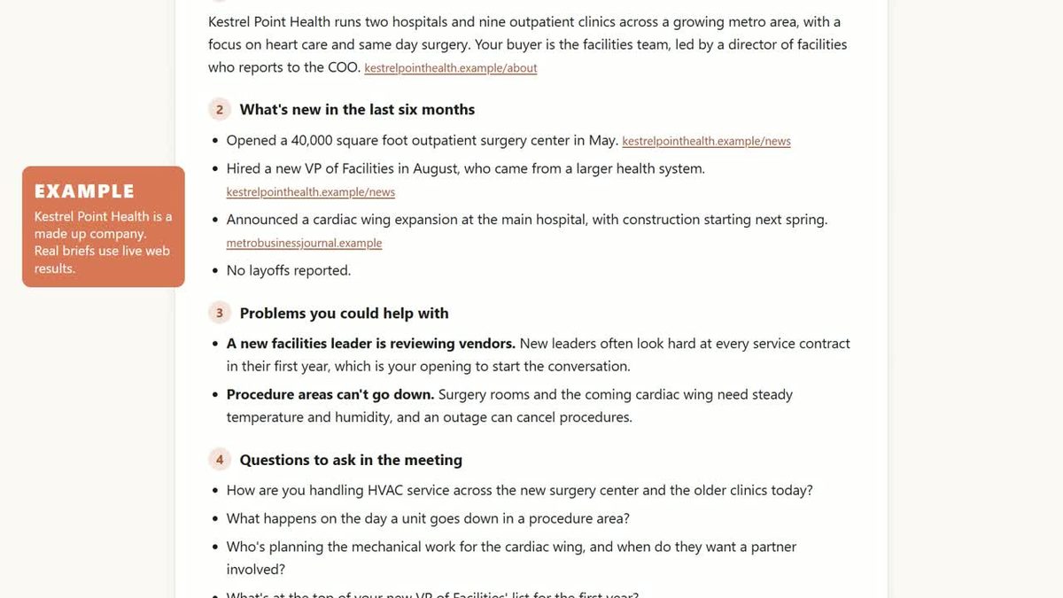 A one page sales account brief from Claude with source links