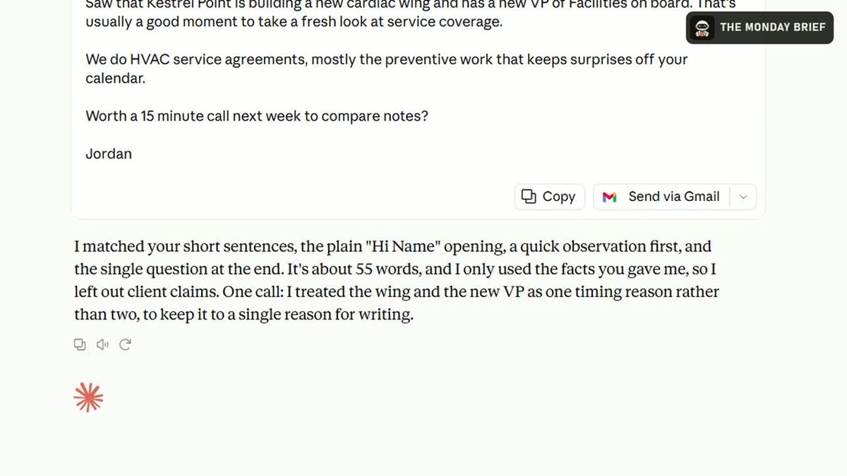 A cold email from Claude written in the rep's own voice