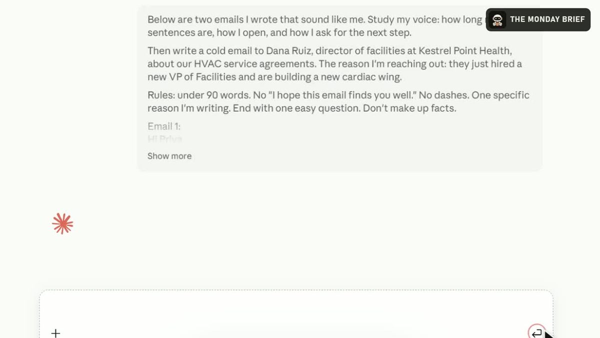 The cold email prompt with two example emails pasted into Claude