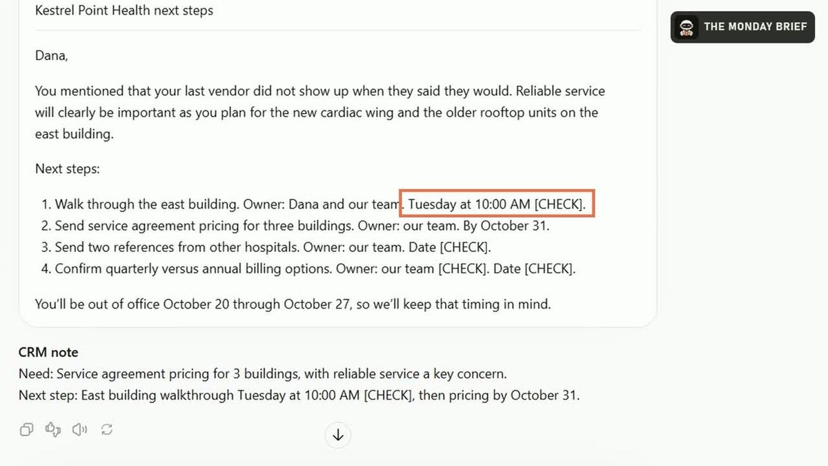 A follow up email from ChatGPT with next steps and a CRM note