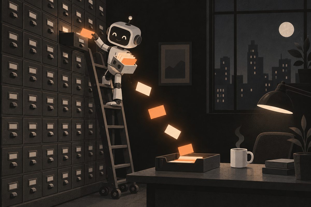 A friendly robot on a ladder pulling glowing index cards from a wall of drawers at night, a picture of an AI agent finding new accounts and drafting follow ups for a B2B sales rep