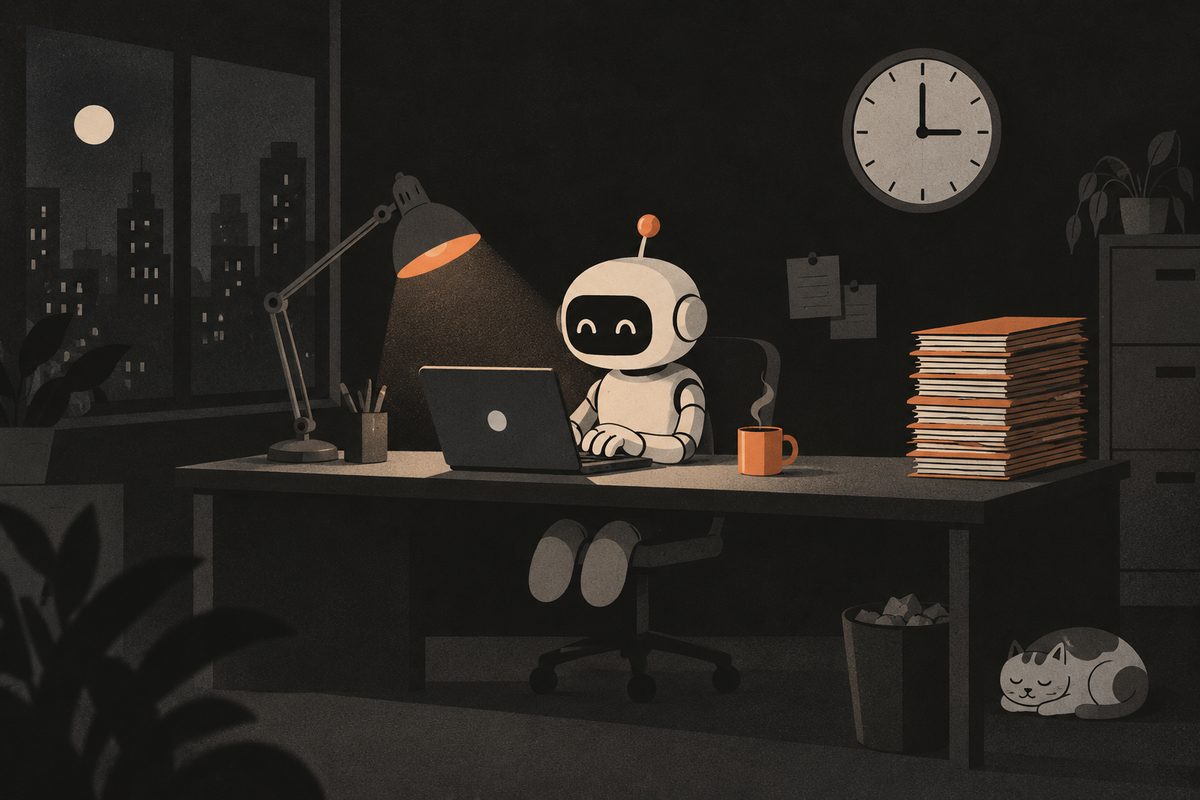 A friendly robot working the night shift at an office desk, a picture of ChatGPT's AI agents that keep working on B2B sales follow ups around the clock