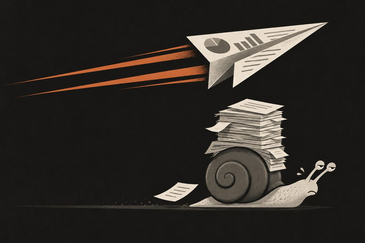 A paper airplane made from a sales report speeding past a snail carrying paperwork, a picture of the faster Claude Sonnet 5.5 for B2B sales work and sales trackers