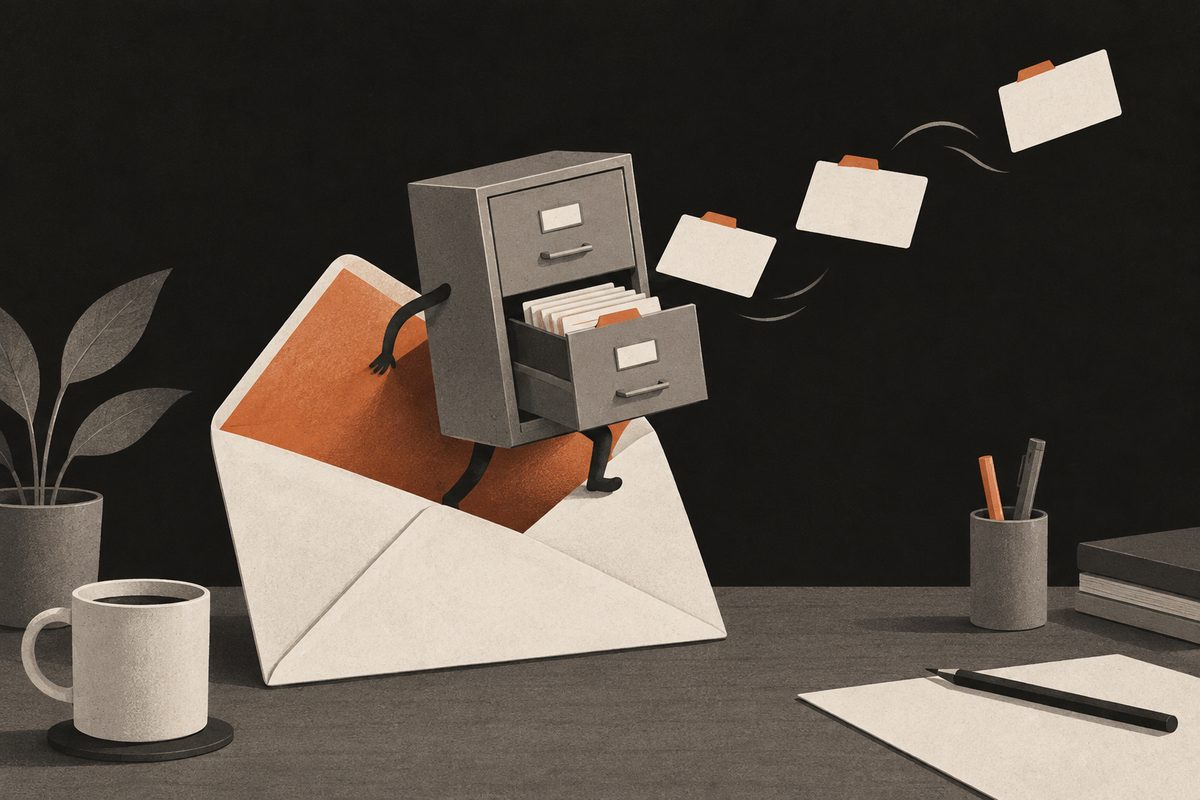 A filing cabinet climbing out of an envelope, a picture of Gemini pulling Salesforce and HubSpot CRM data into Gmail for B2B sales reps
